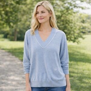 FLAWED Tory Burch Merino Wool Blend Light Blue V-Neck Lightweight Sweater M